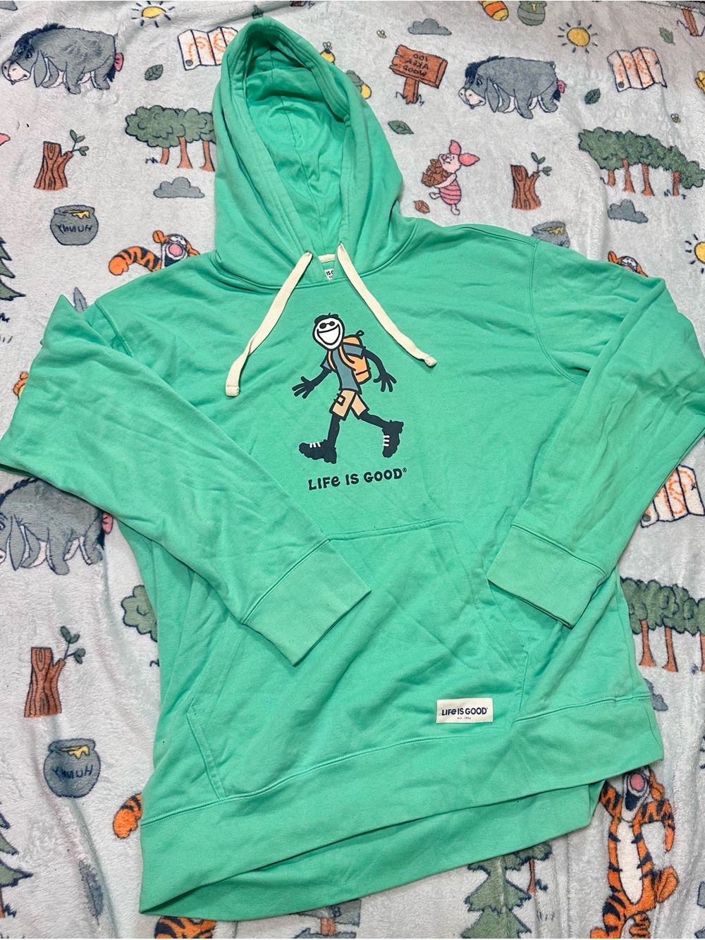 (NEW) Life Is Good Mint Green Hoodie with Hiker Graphic